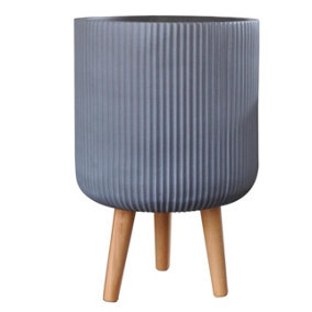 IDEALIST Ribbed Grey Cylinder Planter on Legs, Round Pot Plant Stand Indoor D25.5 H36 cm, 10.4L