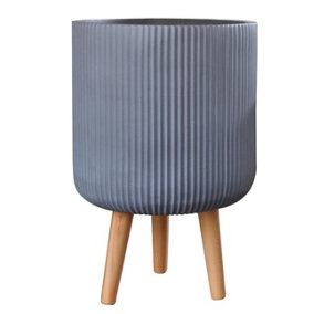 IDEALIST Ribbed Grey Cylinder Planter with Legs, Round Indoor Plant Pot Stand for Indoor Plants D30.5 H46 cm, 18.5L