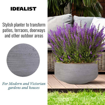 IDEALIST Ribbed Stone Grey Light Concrete Garden Bowl Planter, Outdoor Plant Pot D44 H18 cm, 27L