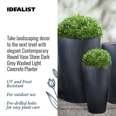 IDEALIST Stone Dark Grey Washed Light Concrete Round Garden Tall Planter, Outdoor Large Plant Pot H70 L50 W50 cm, 137L