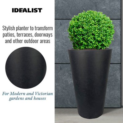 IDEALIST Stone Dark Grey Washed Light Concrete Round Garden Tall Planter, Outdoor Large Plant Pot H70 L50 W50 cm, 137L