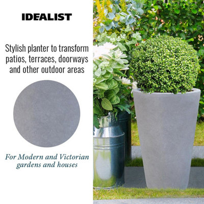 IDEALIST Stone Grey Light Concrete Round Garden Tall Planter, Outdoor Large Plant Pot H57 L41 W41 cm, 75L