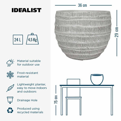 IDEALIST Straw Plaited Style White Washed Ball Planter, Outdoor Plant Pot D37 H29 cm, 24L