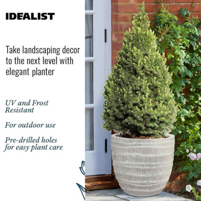 IDEALIST Straw Plaited Style White Washed Egg Garden Round Planter, Outdoor Plant Pot D43.5 H40 cm, 48L