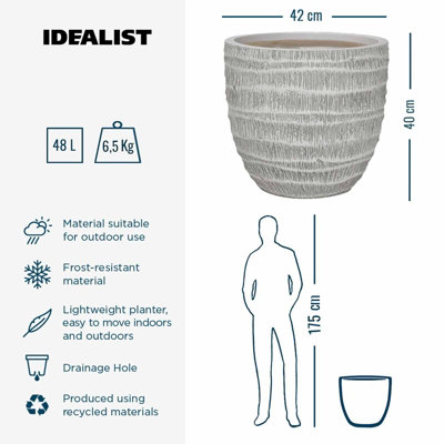 IDEALIST Straw Plaited Style White Washed Egg Garden Round Planter, Outdoor Plant Pot D43.5 H40 cm, 48L
