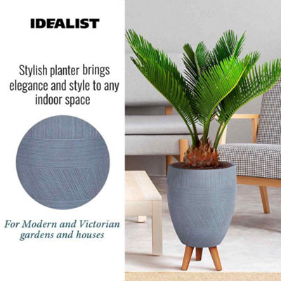 IDEALIST Striped Grey Egg Planter with Legs, Round Indoor Plant Pot Stand for Indoor Plants D35.5 H52 cm, 35.3L