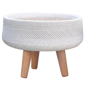 IDEALIST Striped Tray White Planter with Legs, Round Indoor Plant Pot Stand for Indoor Plants D44 H28 cm, 22.2L
