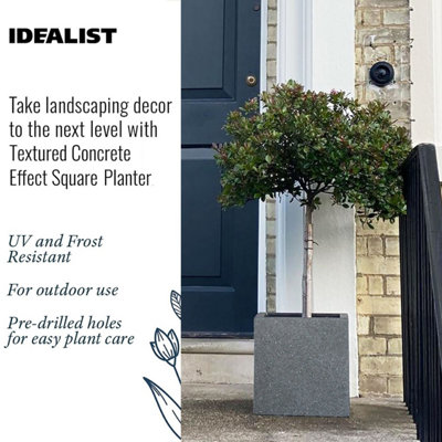 IDEALIST Textured Concrete Effect Flower Box Square Garden Planter, Grey Outdoor Large Plant Pot W39.5 H40 L39.5 cm, 62.4L