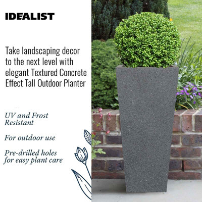 IDEALIST Textured Concrete Effect Garden Tall Grey Planter, Outdoor Plant Pot with Tapered Shape W32 H65 L32 cm, 67L