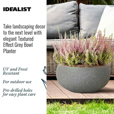 IDEALIST Textured Grey Concrete Effect Garden Bowl Planter, Outdoor Plant Pot D44.5 H21.5 cm, 33.4L