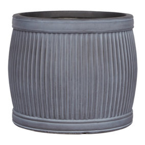 IDEALIST Vertical Ribbed Vintage Style Grey Barrel Garden Round Planter, Outdoor Plant Pot H27 L32 W32 cm, 22L