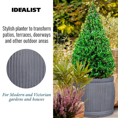 IDEALIST Vertical Ribbed Vintage Style Grey Barrel Garden Round Planter, Outdoor Plant Pot H44 L54 W54 cm, 101L