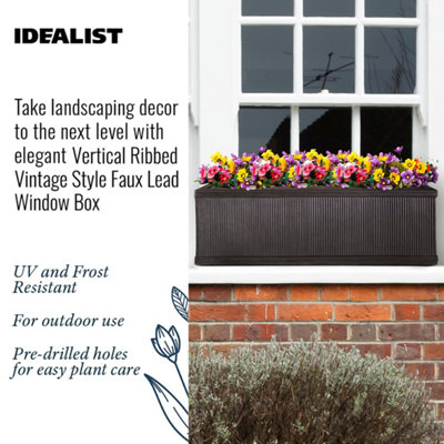 IDEALIST Vertical Ribbed Vintage Style Window Flower Box Garden Planter, Dark Grey Outdoor Plant Pot H23 L70 W23 cm, 37L