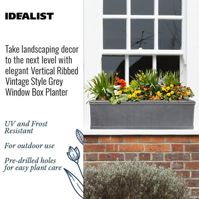 IDEALIST Vertical Ribbed Vintage Style Window Flower Box Garden Planter, Grey Outdoor Plant Pot H23 L70 W23 cm, 37L