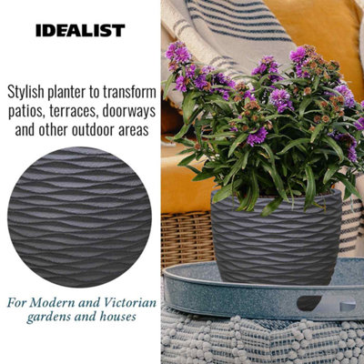 IDEALIST Wave Style Black Egg Garden Round Planter, Outdoor Plant Pot D28 H26 cm, 16L
