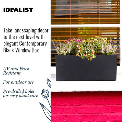 IDEALIST Window Flower Box Garden Planter, Black Light Concrete Outdoor Plant Pot L40 W17 H17.5 cm, 12L