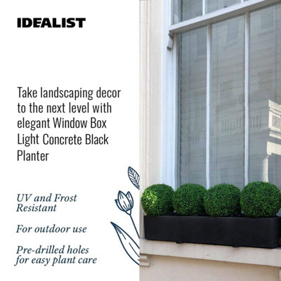 IDEALIST Window Flower Box Garden Planter, Black Light Concrete Outdoor Plant Pot L60 W17 H17.5 cm, 18L