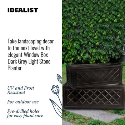 IDEALIST Window Flower Box Garden Planter, Dark Grey Light Stone Outdoor Plant Pot W17 H17 L50 cm, 14L