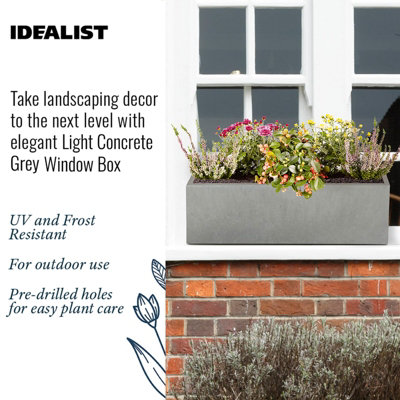 IDEALIST Window Flower Box Garden Planter, Grey Light Concrete Outdoor Plant Pot L60 W17 H17.5 cm, 18L