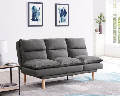 Idris 3 Seater Dark Grey Fabric Padded Pillow Topped Wooden Legs Chaise Recliner Sofa Bed