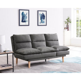 Idris 3 Seater Dark Grey Fabric Padded Pillow Topped Wooden Legs Chaise Recliner Sofa Bed
