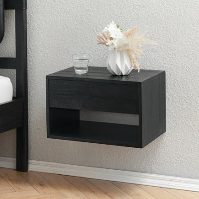 Idris Floating Nightstand Black Solid Wood Nightstand Bedside Side Table