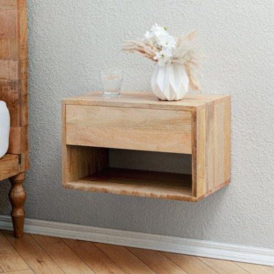 Idris Floating Nightstand Natural Solid Wood Nightstand Bedside Side Table
