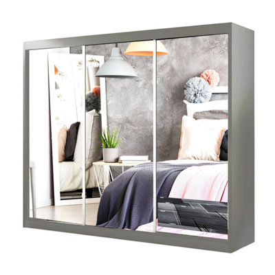 IE Milan Sliding Mirror Door Wardrobe with Drawers & Shelves ( Grey , 250 cm )