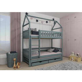 Iga Bunk Bed with Trundle and Storage and Mattresses in Grey W1980mm x H2170mm x D980mm