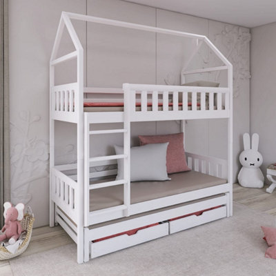 Iga Bunk Bed with Trundle, Storage and Foam/Bonnell Mattresses in White W1980mm x H2170mm x D980mm