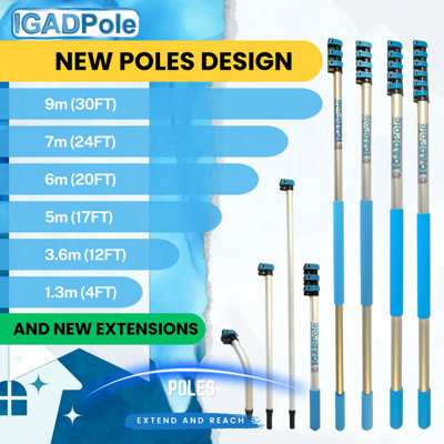 IGADPole 30ft, 9m Washing Kit, Water-fed Brush, Cobweb Duster and 10in, 25cm Squeegee and Soap Dispenser, Window Cleaning Pole