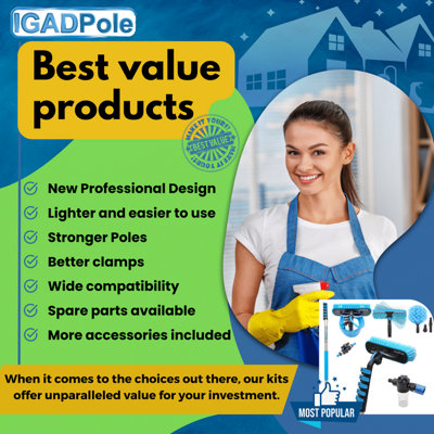 IGADPole 30ft, 9m Washing Kit, Water-fed Brush, Cobweb Duster and 10in, 25cm Squeegee and Soap Dispenser, Window Cleaning Pole