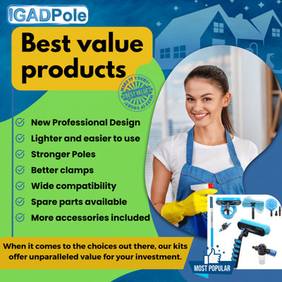 IGADPole Professional Telescopic Window Cleaning Kit 20 Foot (6m) Extension Pole and Single Pivot 10"(25cm) Window Squeegee