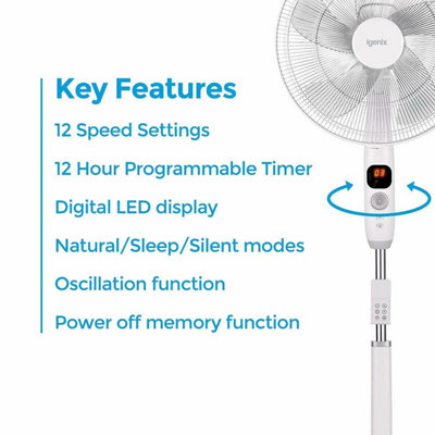 Igenix DF1670 Digital Pedestal Fan, 16 Inch, Ultra Quiet, 12 speeds LED Display, White