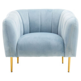 IInteriors by Premier Blue Velvet Modern Armchair, Elegant Barrel Back Design, Gold-Tone Metal Legs, Mid-Century Modern Chair