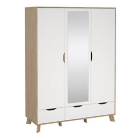 Ikast Wardrobe 3 Doors and 2 Drawers with Mirror in Jackson Hickory and White