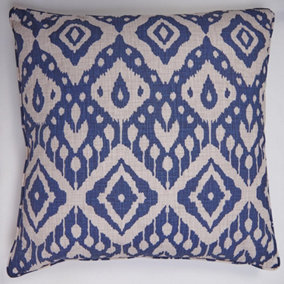 Ikat Inspired Scatter Cushion - Square Filled Pillow with Piped Edging & Zipped Cover for Home or Garden - 45 x 45cm, Blue