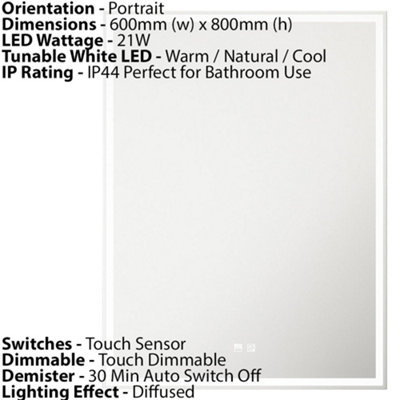 Illuminated 600 x 800mm IP44 LED Bathroom Mirror with Demister and Tunable White Light