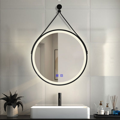 Black framed deals illuminated bathroom mirror