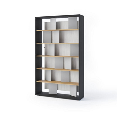 Illuminated Tall Bookcase H2100mm W1250mm D330mm - Modern Grey, Graphite & Oak with LED Lighting