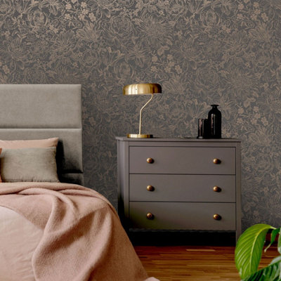 Imogen Floral Wallpaper Slate/Rose Gold Holden 65703 | DIY at B&Q