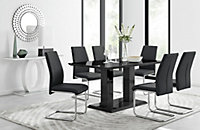 Imperia Black High Gloss 6 Seater Dining Table with Structural 2 Plinth Column Legs 6 Black Faux Leather Lorenzo Cantilever Chairs