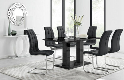 Imperia Black High Gloss 6 Seater Dining Table with Structural 2 Plinth Column Legs 6 Black Padded Faux Leather Murano Chairs