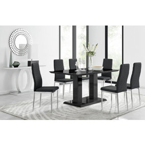 Imperia Black High Gloss 6 Seater Dining Table with Structural 2 Plinth Column Legs 6 Black Stitched Faux Leather Milan Chairs