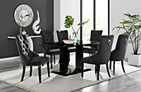 Imperia Black High Gloss 6 Seater Dining Table with Structural 2 Plinth Column Legs 6 Black Velvet Black Leg Belgravia Chairs