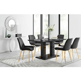 Imperia Black High Gloss 6 Seater Dining Table with Structural 2 Plinth Column Legs 6 Black Velvet Gold Leg Pesaro Chairs