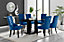 Imperia Black High Gloss 6 Seater Dining Table with Structural 2 Plinth Column Legs 6 Blue Velvet Black Leg Belgravia Chairs