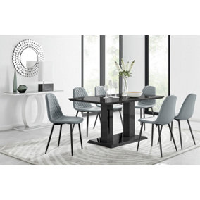 Imperia Black High Gloss 6 Seater Dining Table with Structural 2 Plinth Column Legs 6 Grey Faux Leather Silver Leg Corona Chairs