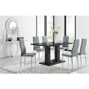 Imperia Black High Gloss 6 Seater Dining Table with Structural 2 Plinth Column Legs 6 Grey Stitched Faux Leather Milan Chairs