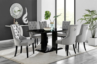 Imperia Black High Gloss 6 Seater Dining Table with Structural 2 Plinth Column Legs 6 Grey Velvet Black Leg Belgravia Chairs